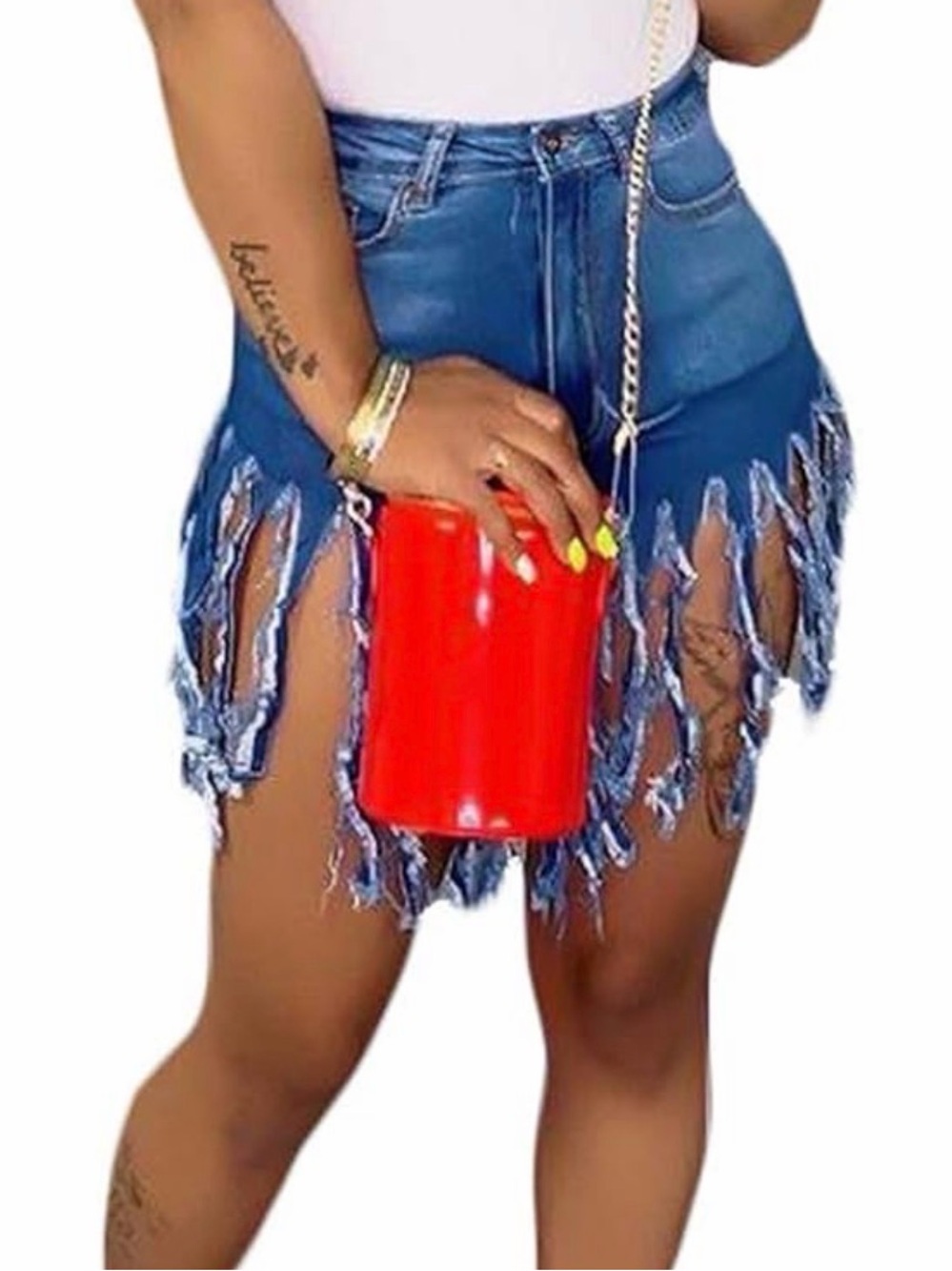 Frayed Hem High-Waist Denim Shorts - Blue